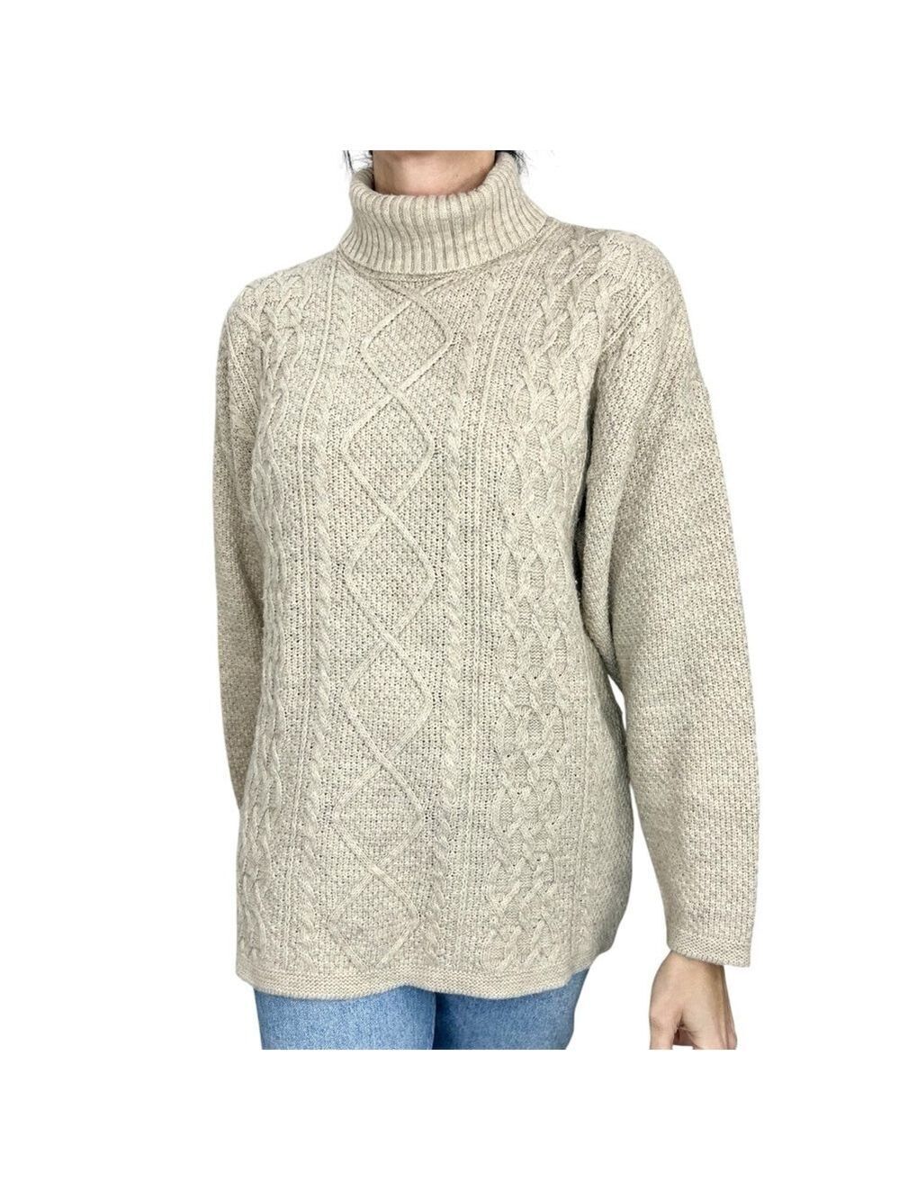 Beige tan boxy pullover drop shoulder knit aran turtleneck fisherman sweater